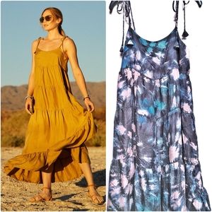 NWT Unsubscribed Black Tie Dye Washed Silk Asymmetric Tiered Midi Dress